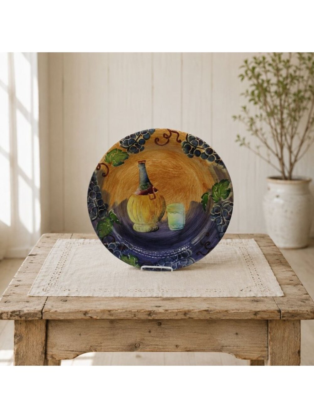 Italy Vintage Round Platter Bowl Aurora Ceramic Grapes & Wine 16"